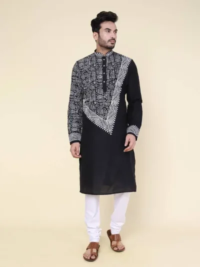 Men's Black Hand Painted Silk Kurta